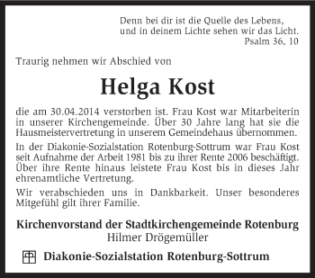 Traueranzeige von Helga Kost von KRZ
