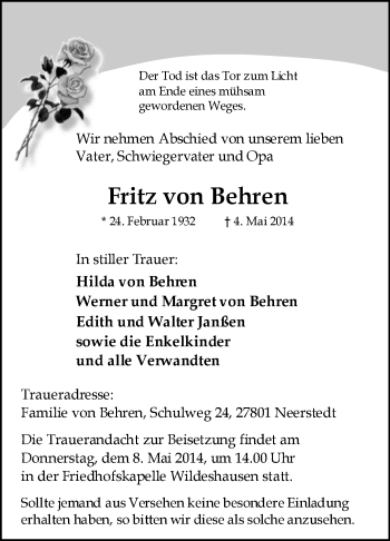 Traueranzeige von Fritz von Behren von KRZ