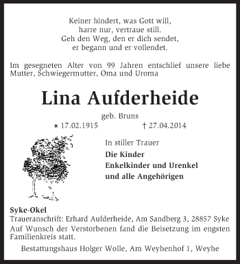 Traueranzeige von Lina Aufderheide von KRZ