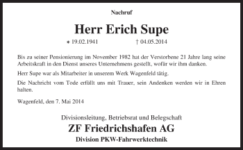 Traueranzeige von Erich Supe von KRZ