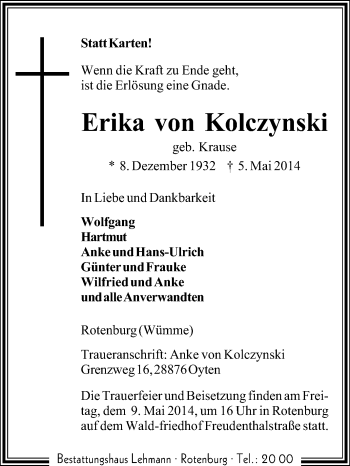 Traueranzeige von Erika von Kolczynski von KRZ