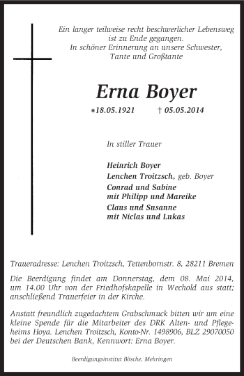 Traueranzeige von Erna Boyer von KRZ