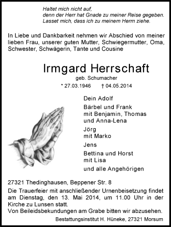 Traueranzeige von Irmgard Herrschaft von KRZ