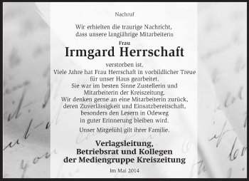 Traueranzeige von Irmgard Herrschaft von KRZ