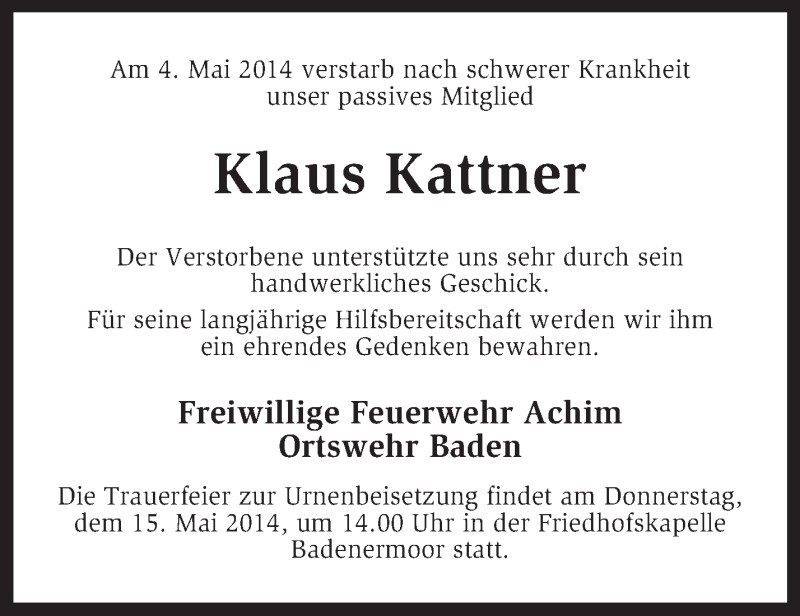  Traueranzeige für Klaus Kattner vom 10.05.2014 aus KRZ