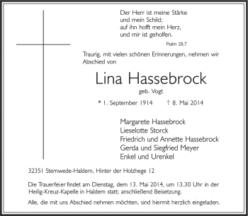 Traueranzeige von Lina Hassebrock von KRZ