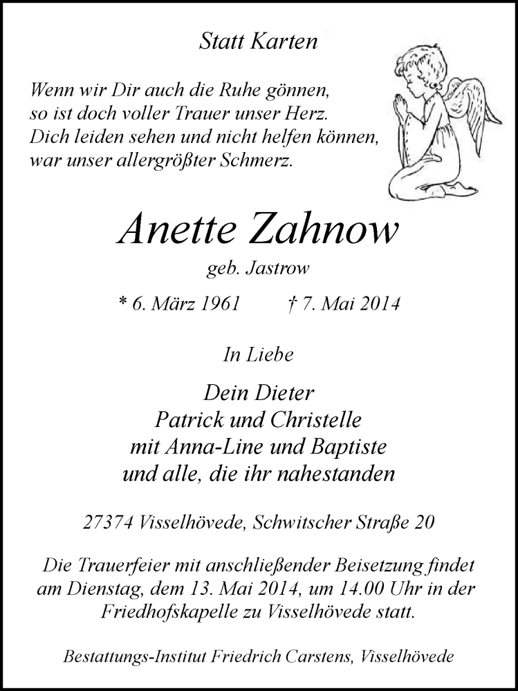 Traueranzeige für Anette Zahnow vom 10.05.2014 aus KRZ