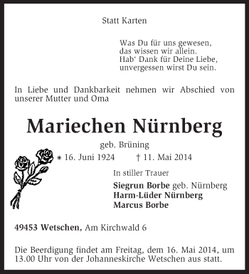 Traueranzeige von Mariechen Nürnberg von KRZ