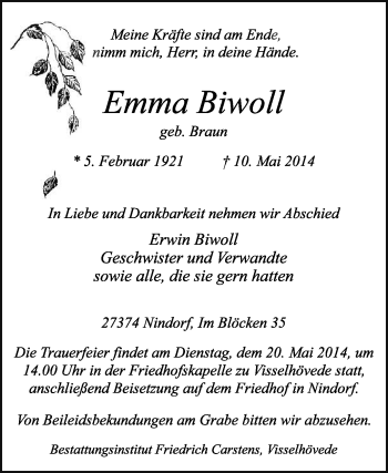 Traueranzeige von Emma Biwoll von KRZ