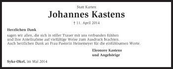 Traueranzeige von Johannes Kastens von KRZ