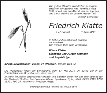 Traueranzeige von Friedrich Klatte von KRZ