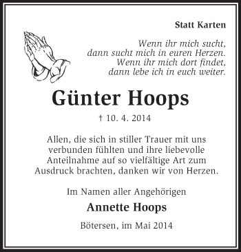 Traueranzeige von Günter Hoops von KRZ