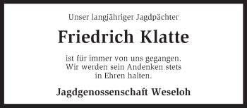 Traueranzeige von Friedrich Klatte von KRZ