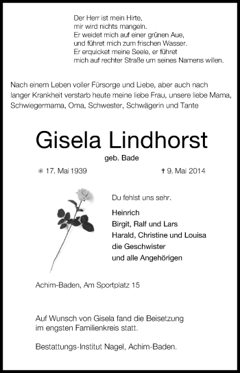 Traueranzeige von Gisela Lindhorst von KRZ