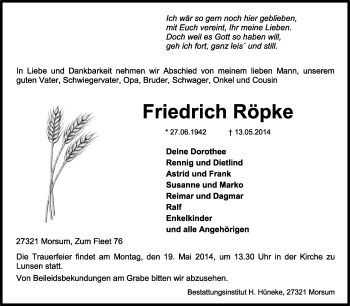 Traueranzeige von Friedrich Röpke von KRZ