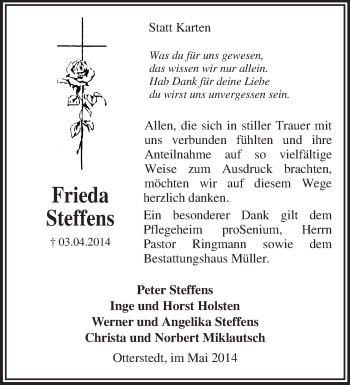 Traueranzeige von Frieda Steffens von KRZ