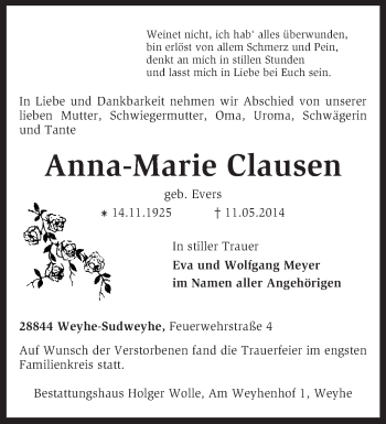 Traueranzeige von Anna-Marie Clausen von KRZ