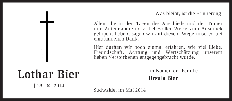  Traueranzeige für Lothar Bier vom 17.05.2014 aus KRZ