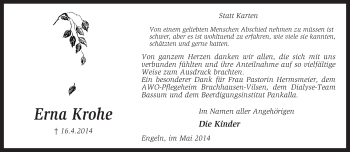 Traueranzeige von Erna Krohe von KRZ