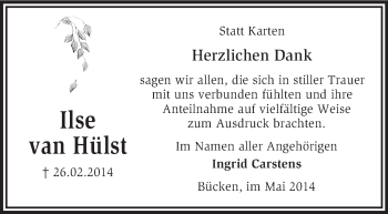 Traueranzeige von Ilse van Hülst von KRZ