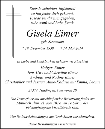 Traueranzeige von Gisela Eimer von KRZ