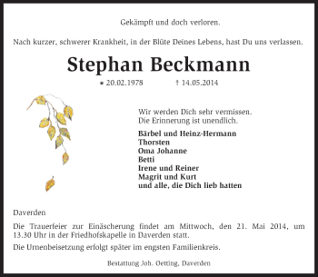 Traueranzeige von Stephan Beckmann von KRZ