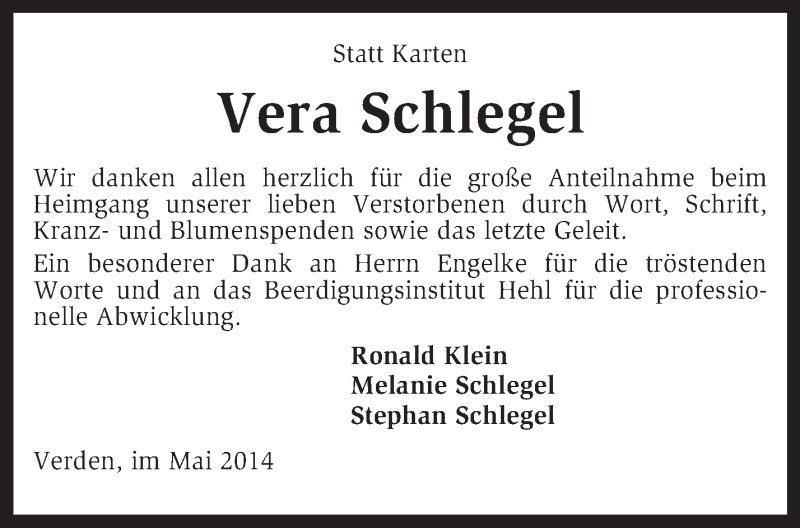  Traueranzeige für Vera Schlegel vom 17.05.2014 aus KRZ