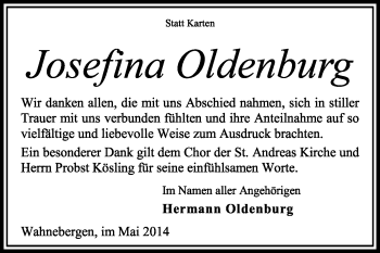 Traueranzeige von Josefina Oldenburg von KRZ