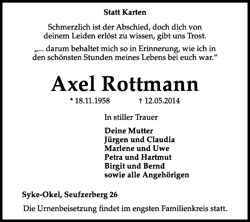  Traueranzeige für Axel Rottmann vom 19.05.2014 aus KRZ