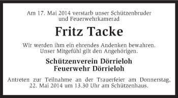 Traueranzeige von Fritz Tacke von KRZ