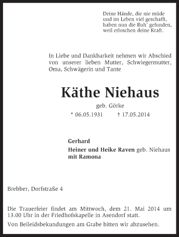 Traueranzeige von Käthe Niehaus von KRZ