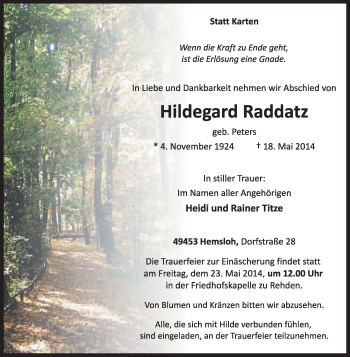 Traueranzeige von Hildegard Raddatz von KRZ