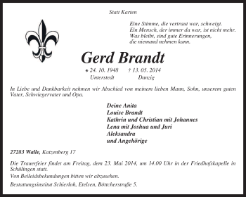 Traueranzeige von Gerd Brandt von KRZ