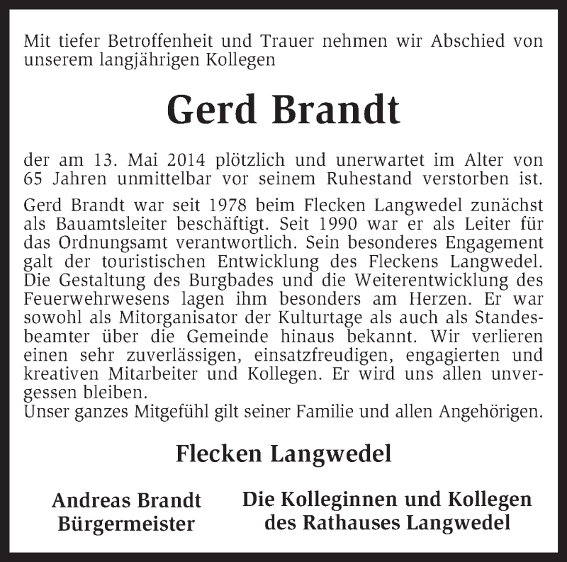  Traueranzeige für Gerd Brandt vom 21.05.2014 aus KRZ