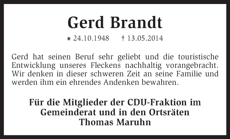  Traueranzeige für Gerd Brandt vom 21.05.2014 aus KRZ