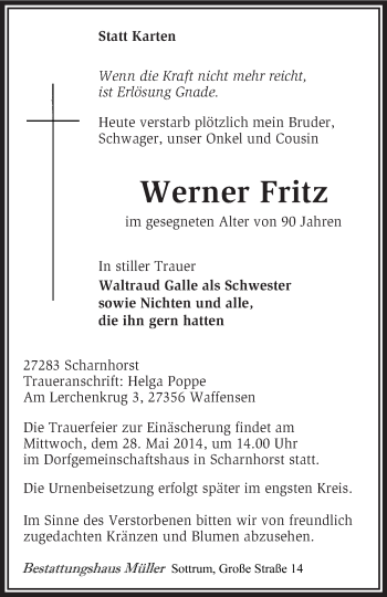 Traueranzeige von Werner Fritz von KRZ