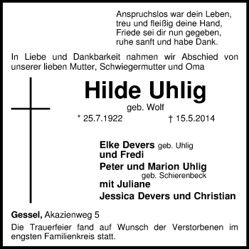 Traueranzeige von Hilde Uhlig von KRZ