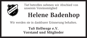 Traueranzeige von Helene Badenhop von KRZ