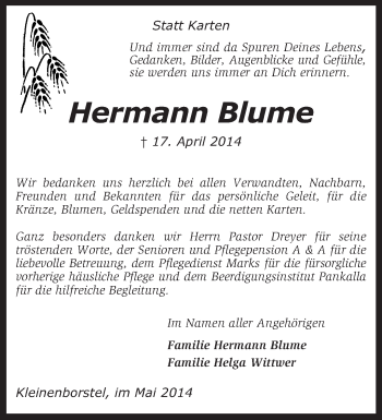 Traueranzeige von Hermann Blume von KRZ