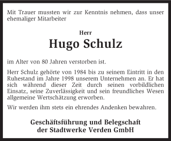 Traueranzeige von Hugo Schulz von KRZ