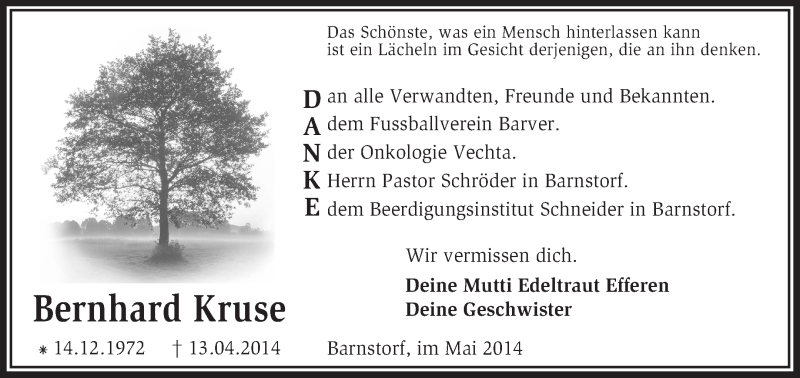  Traueranzeige für Bernhard Kruse vom 24.05.2014 aus KRZ