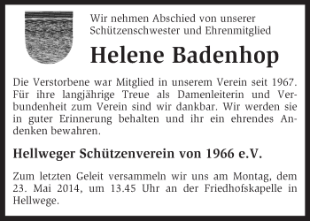 Traueranzeige von Helene Badenhop von KRZ