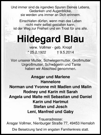 Traueranzeige von Hildegard Blau von KRZ