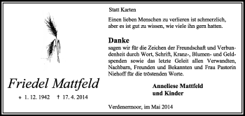 Traueranzeige von Friedel Mattfeld von KRZ