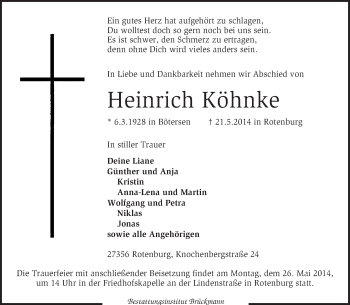 Traueranzeige von Heinrich Köhnke von KRZ