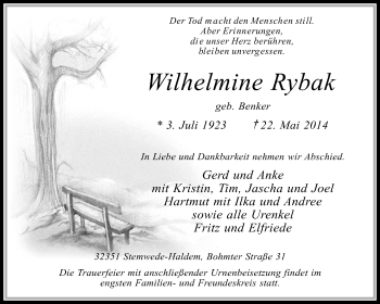 Traueranzeige von Wilhelmine Rybak von KRZ