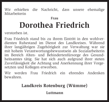 Traueranzeige von Dorothea Friedrich von KRZ
