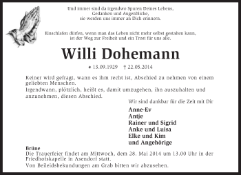 Traueranzeige von Willi Dohemann von KRZ