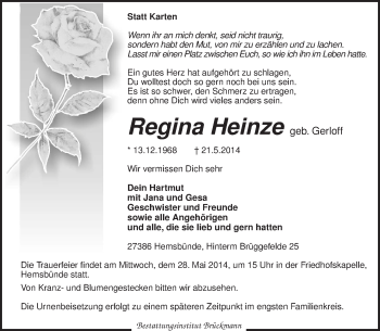 Traueranzeige von Regina Heinze von KRZ