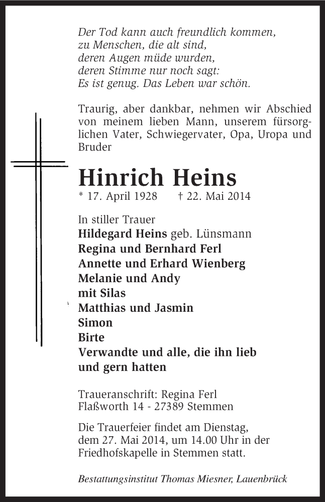  Traueranzeige für Hinrich Heins vom 24.05.2014 aus KRZ